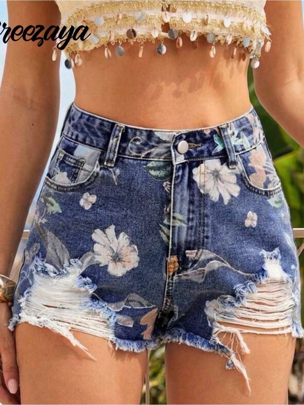 SHEIN Blue Floral Distressed High-Waist Jean Shorts